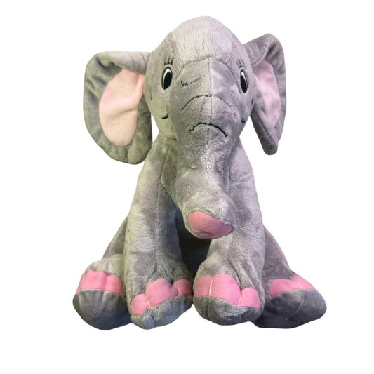 Grijze knuffelolifant met roze binnenkant van de oren en voeten, met geborduurde ogen voor een zachte en veilige uitstraling