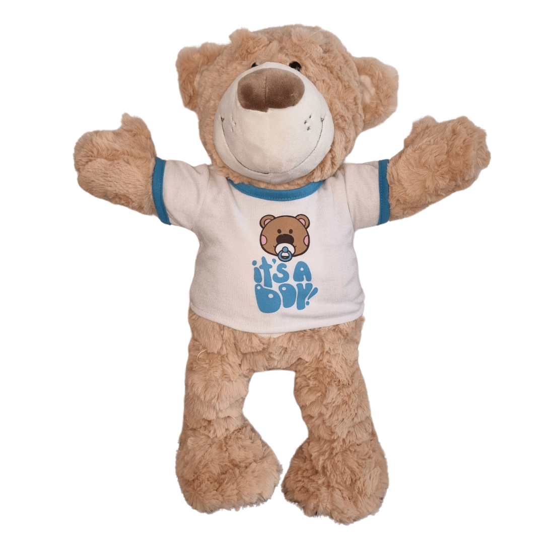 Knuffelbeer met "It's a Boy" T-shirt - Make a bearKnuffelbeer met "It's a Boy" T-shirt