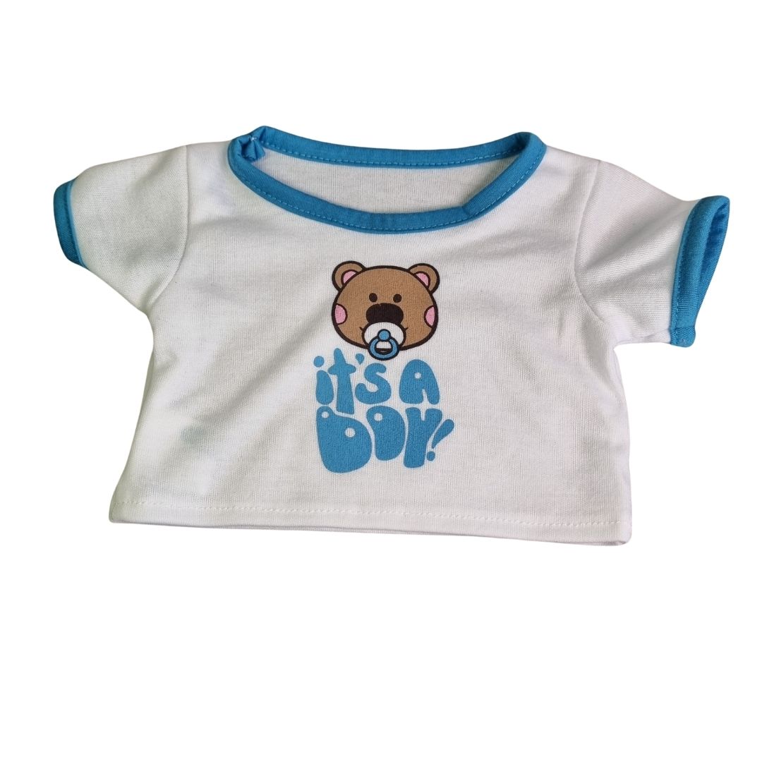 Wit T-shirt voor knuffels met blauwe tekst: 'It's a Boy